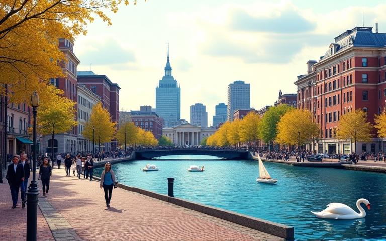 Tasteful collage of Boston landmarks including Beacon Hill, Charles River, and the Boston Public Garden