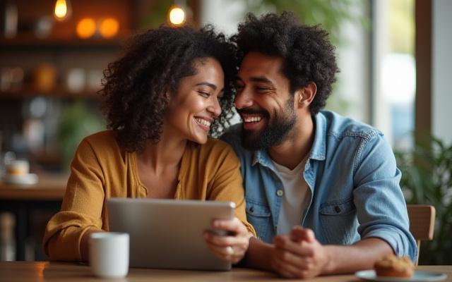 Happy couple in Cambridge, MA, celebrating financial success, reviewing a tablet at a cafe.