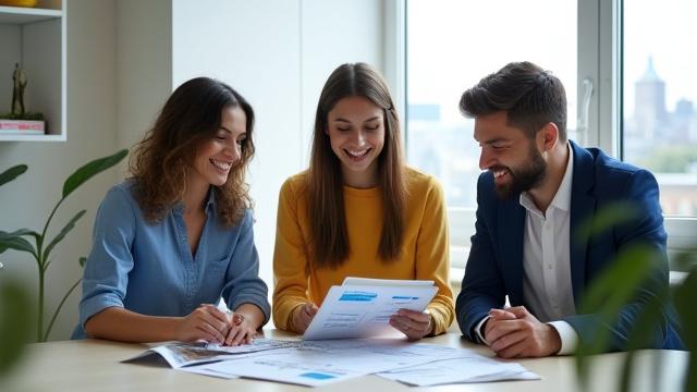 A diverse group of people, smiling, collaboratively reviewing financial documents and a tablet displaying budget insights, set against a modern, bright office overlooking the Boston skyline.