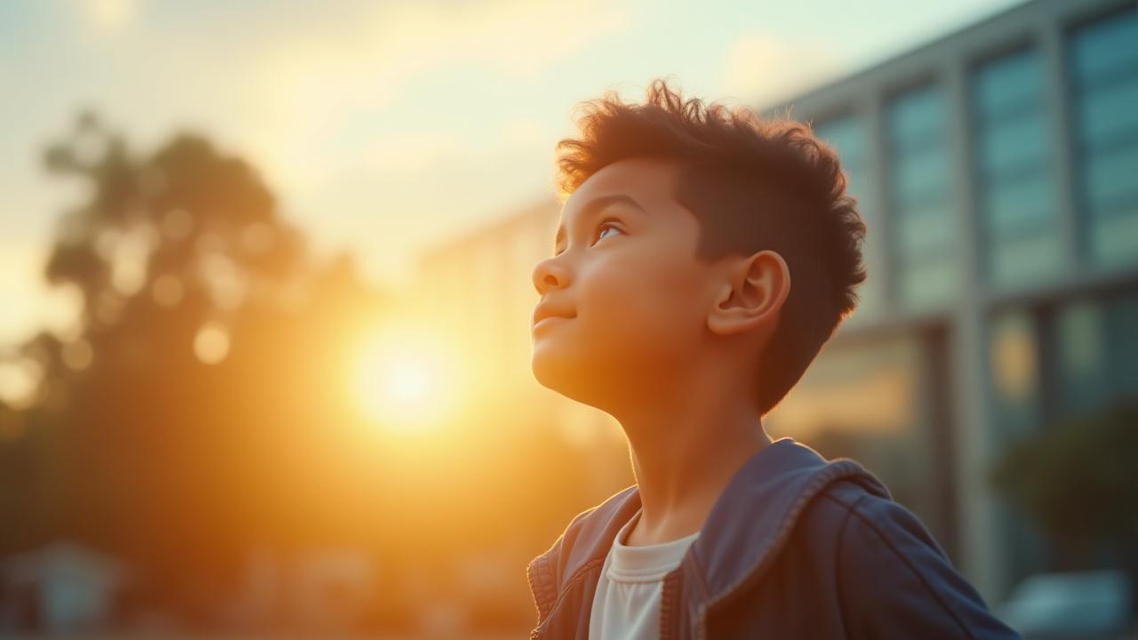 Child looking up at a bright future, symbolizing college savings and opportunity.