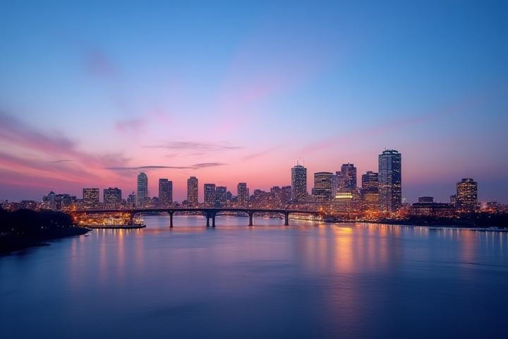 Panoramic view of the Boston skyline across the Charles River at sunset, symbolizing financial success and a clear horizon