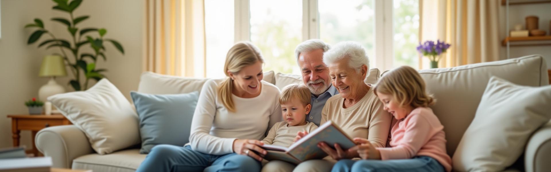 Multi-generational family sitting together, smiling warmly, conveying a sense of security and togetherness.