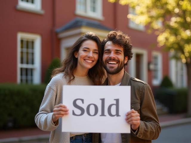 Young couple smiling in front of a newly purchased home in South Boston