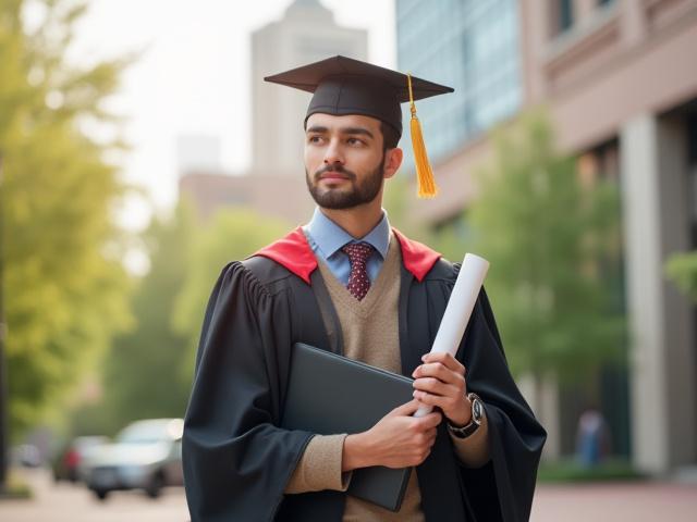 Recent Suffolk University graduate confidently looking forward