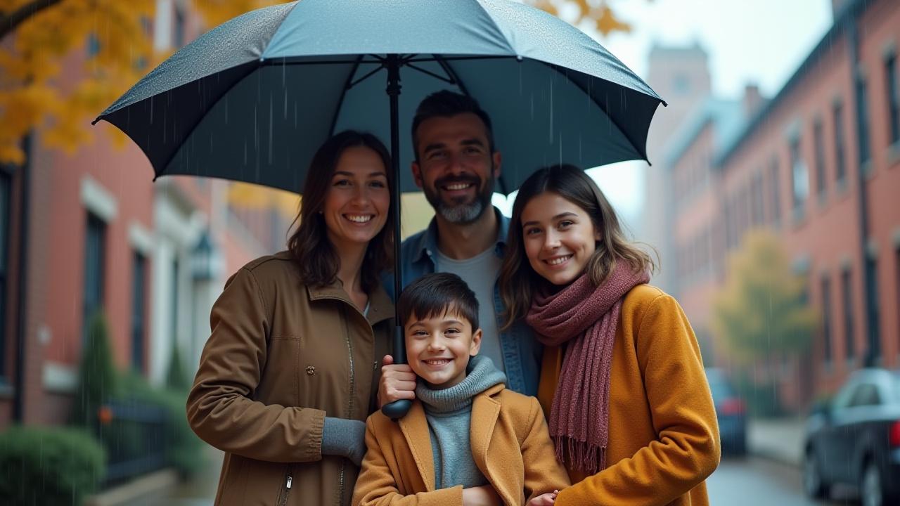 Illustration of a family protected under a large, strong umbrella during a light rain