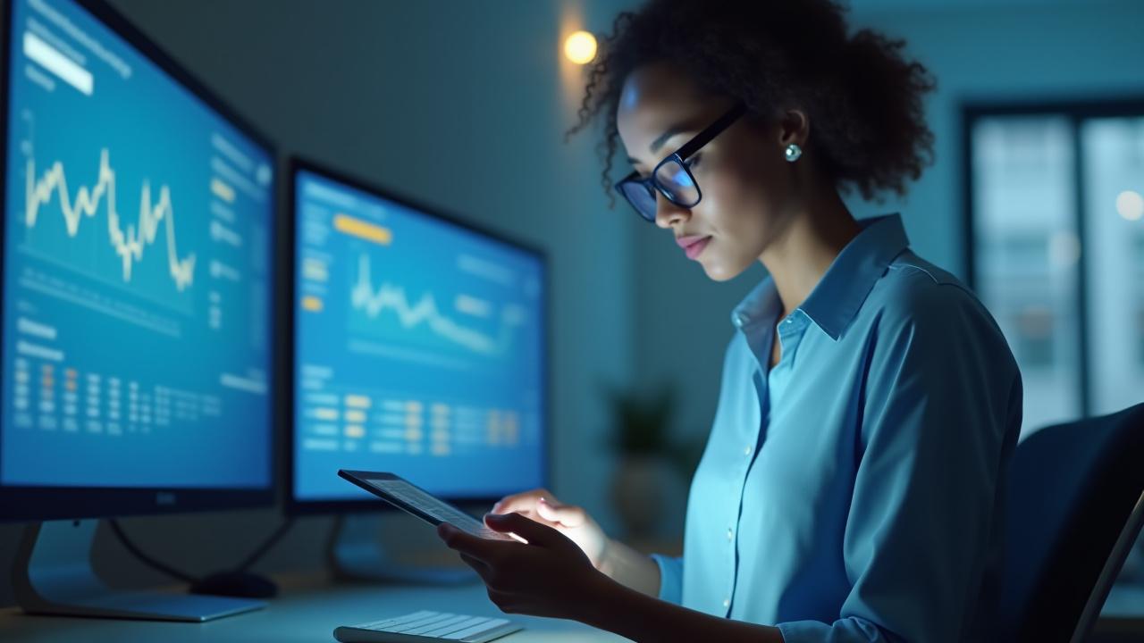 A person looking at a digital tax form on a tablet, surrounded by graphs and financial data, symbolizing proactive financial planning.