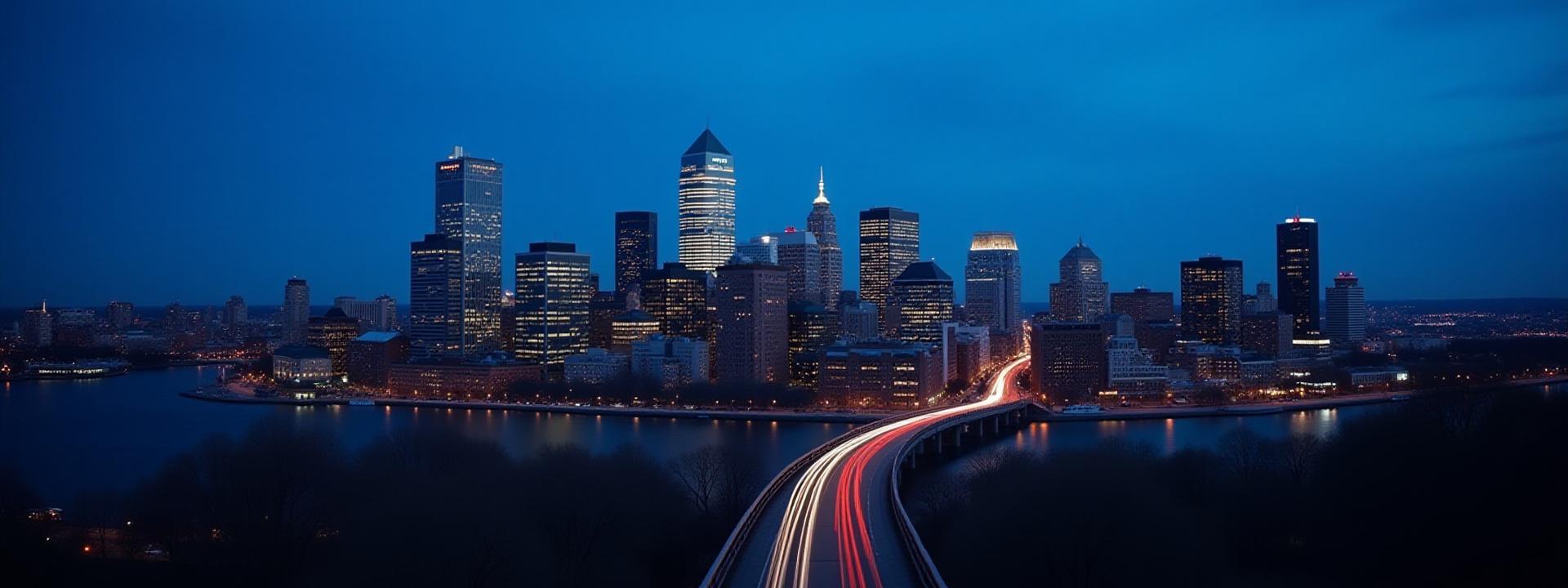 Panoramic view of the Boston skyline at dusk, with modern financial buildings illuminated, symbolizing sophisticated wealth management.